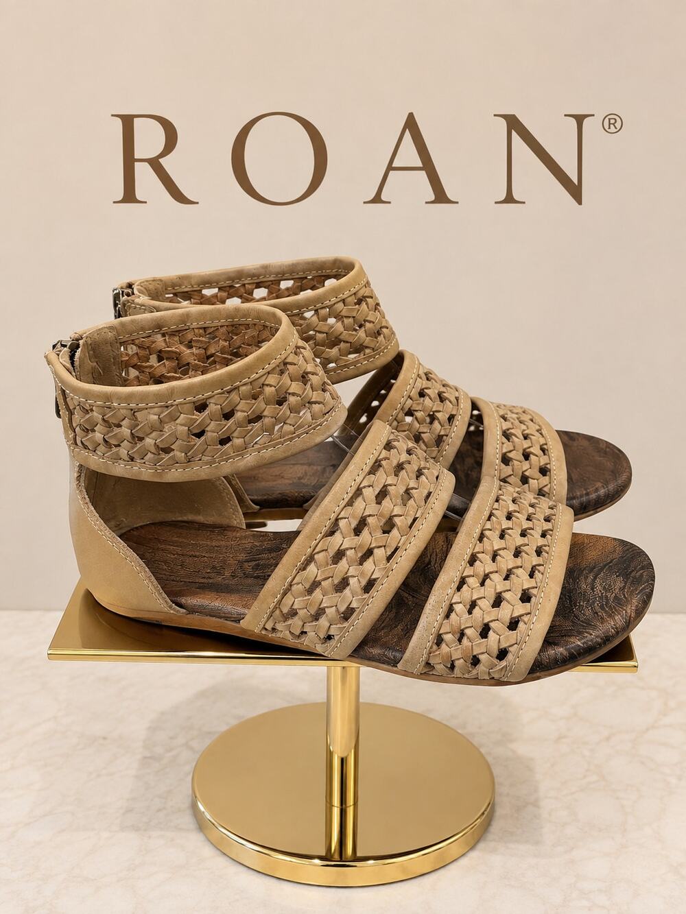 ROAN by Bed Stu Clio Woven Leather Gladiator Sandals Tan Women’s 7